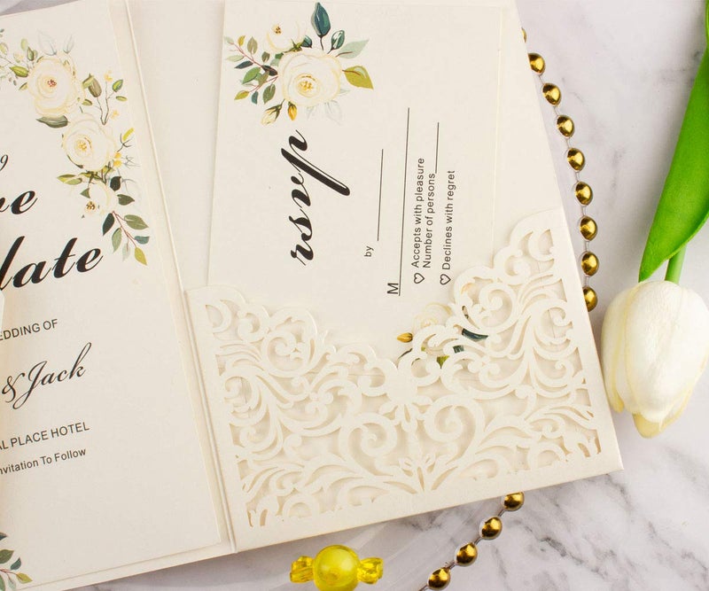 Lucky Star 25pcs 250GSM Pearl Ivory Wedding Invitations Cards Laser Cut Pocket Covers only, no envelope,no insert 5x7 - Image 2